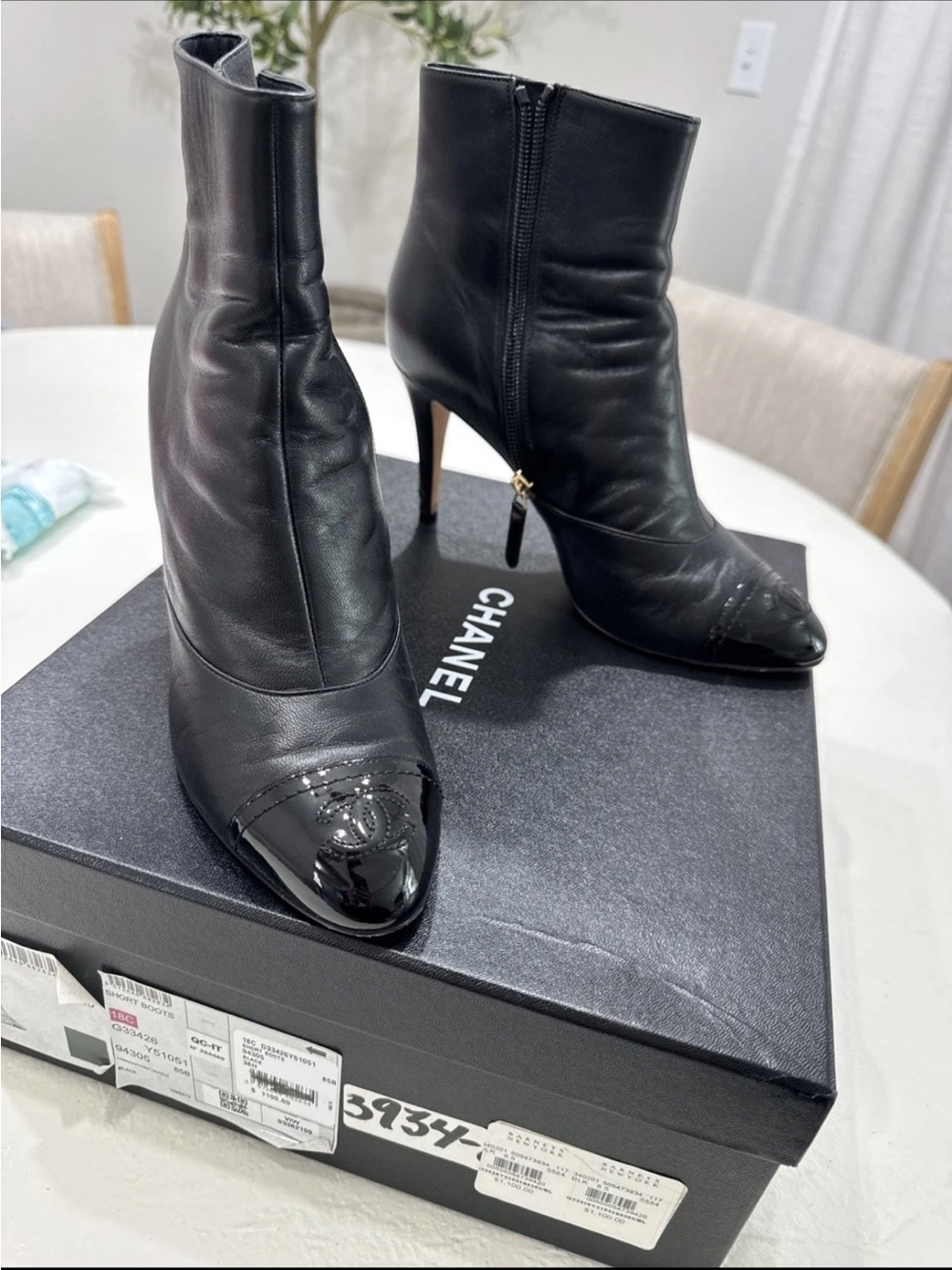 CHANEL Black Leather Cap-Toe Stiletto Ankle Boots
